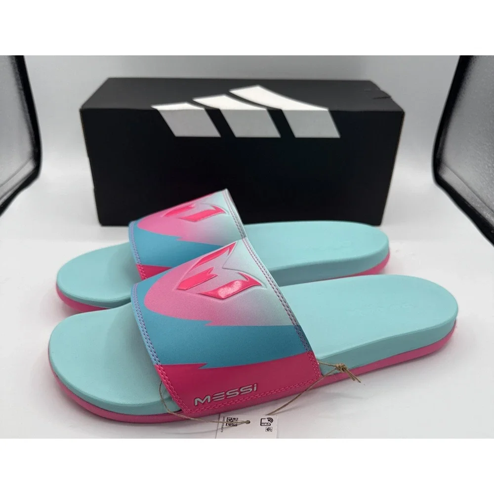 Adidas Messi Slides Men's Size 11 Sandals Pink Blue Adilette Comfort‎ JR6326